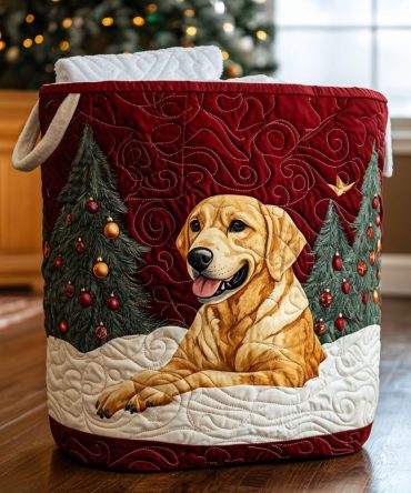 Festive Quilted Storage Hamper - Golden Christmas Glow Patterned Fabric Organizer, Foldable Holiday Laundry & Gift Bin, Durable