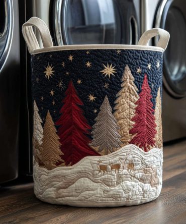 Golden Christmas Tree Quilted Laundry Hamper — Festive Quilted Fabric Basket With Removable Washable Liner, Holiday-Themed Storage Bin