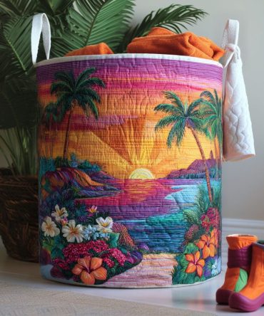 Golden Coast Quilted Laundry Hamper — Premium Coastal Printed Foldable Storage Basket, Large Durable Cotton Organizer For Home & Bath