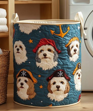 Golden Compass Pup Quilted Laundry Basket , Elegant Puppy Compass Design — Collapsible Decorative Laundry Hamper For Bedroom, Nursery & Travel