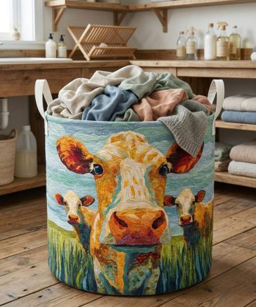 Golden Cow Field Quilted Laundry Hamper — Sun-Kissed Cow Field Print Foldable Cotton-Linen Bin With Handles For Rustic Charm