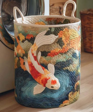 Luxury Quilted Laundry Hamper - Golden Dawn Koi Patterned Fabric Organizer, Foldable Home Storage Bin, Durable & Decorative