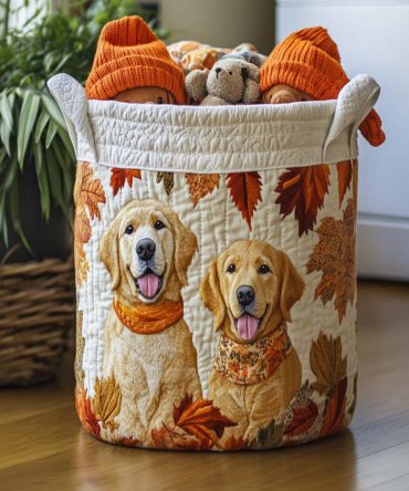 Golden Days Quilted Hamper — Warm Retro Floral Laundry Basket, Plush Fabric Storage Bin With Handles For Living Room & Bedroom