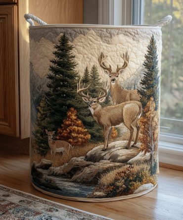 Golden Deer Quilted Laundry Hamper - Warm Metallic Accent Fabric Basket, Collapsible Home Storage For Clothes & Linens