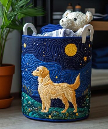 Golden Dog Charm Quilted Laundry Hamper — Elegant Canine Motif Foldable Basket, Collapsible Storage With Reinforced Base & Handles