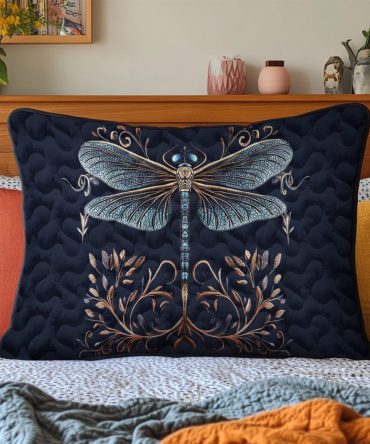 Golden Dragonfly Botanical Quilt Pillowcase — Elegant Nature-Inspired Decorative Pillow Sham, Cotton-Blend, Hypoallergenic & Machine Washable For Stylish Bedrooms
