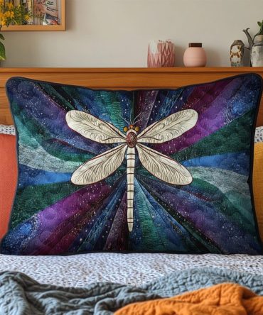 Golden Dragonfly Embroidered Quilt Pillow Sham — Luxe Botanical Decorative Pillowcase, Soft Cotton-Blend, Hypoallergenic & Machine Washable Accent