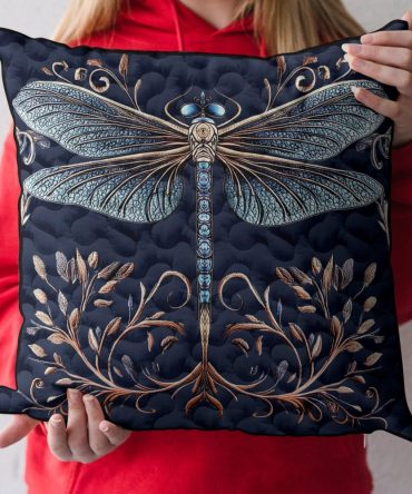Golden Dragonfly Quilted Accent Pillow Cover - Metallic-Inspired Dragonfly Decorative Pillowcase For Glam Home