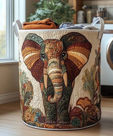 Golden Elephant Quilted Laundry Hamper - Luxe Metallic Elephant Design, Collapsible Washable Clothes Basket For Home & Gift