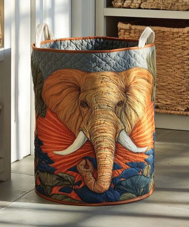 Golden Elephant Quilted Laundry Hamper — Luxurious Metallic-Tone Fabric Storage Basket For Elegant Nursery & Kids Rooms