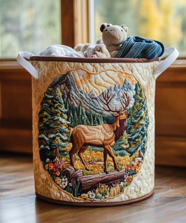 Golden Elk Quilted Laundry Hamper — Warm Toned Collapsible Laundry Basket For Farmhouse, Cabin & Cozy Home Storage Solutions