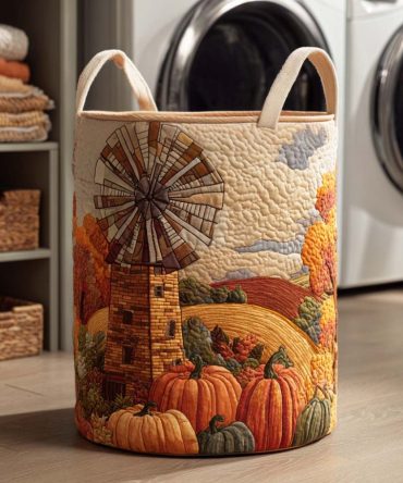 Golden Fall Quilted Laundry Hamper — Warm Autumn Print Collapsible Laundry Basket For Cozy Living Spaces & Rustic Home Storage