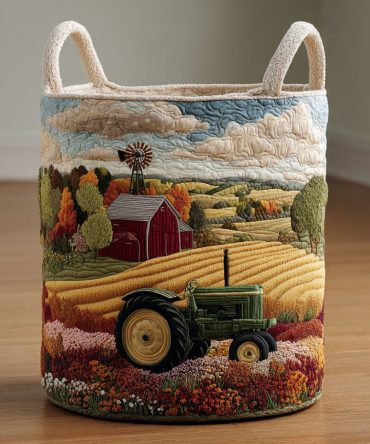 Golden Farm Quilted Laundry Hamper — Warm Farmhouse Plaid Fabric Basket With Handles, Foldable Rustic Laundry Storage For Home & Cabin
