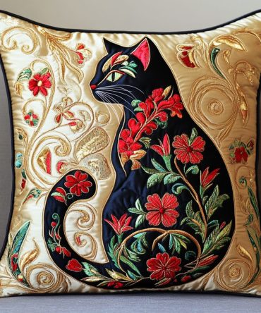 Golden Feline Quilted Pillow Cover — Elegant Gold Cat Cushion For Stylish Living Room, Bedroom & Trendy Gift Giving