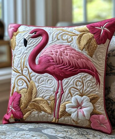 Golden Flamingo Quilted Decorative Pillowcase – Luxe Metallic-Accent Flamingo Sham, Quilted Texture For Glam Tropical Home Decor