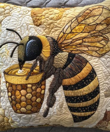 Golden Flight Quilted Pillow Cover - Sunlit Bee & Floral Pillowcase For Warm, Inviting Bedroom And Living Spaces
