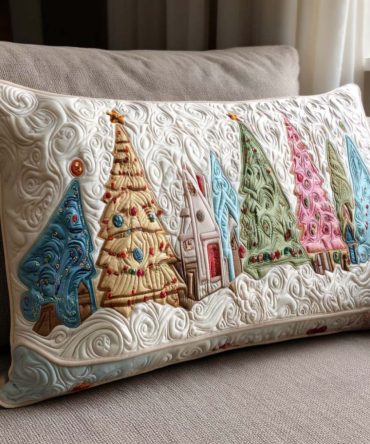 Golden Garland Tree Quilted Holiday Pillow Cover - Elegant Christmas Throw Pillow Sham For Mantel, Sofa & Bed Decor
