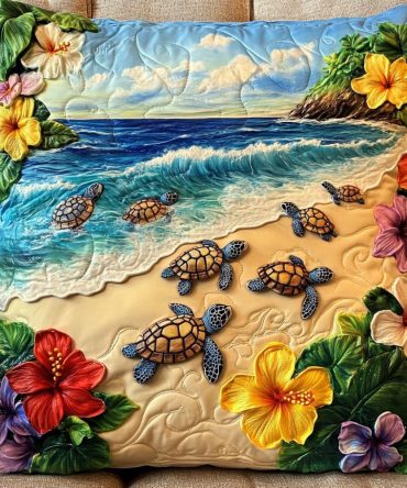 Golden Hatchlings Swim Quilted Pillow Case — Elegant Sea Turtle Motif Decorative Cover, Premium Cotton-Blend, Hypoallergenic & Washable