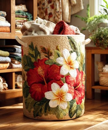 Premium Quilted Laundry Hamper – Golden Hibiscus Floral Design, Spacious Collapsible Basket With Strong Handles For Home & Tropical-Themed Rooms