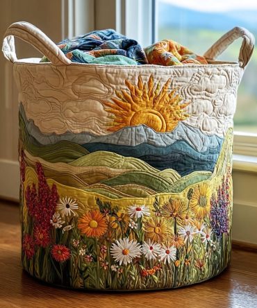 Golden Horizon Quilted Laundry Hamper — Warm Sunburst Pattern Collapsible Laundry Basket, Decorative Washable Storage For Bedroom & Bath
