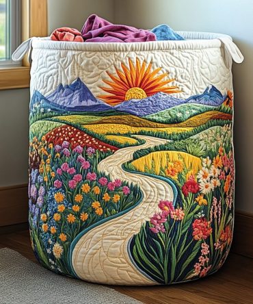 Golden Horizon Quilted Laundry Hamper — Warm Toned Quilted Fabric Laundry Basket With Stylish Pattern And Comfortable Carry Handles