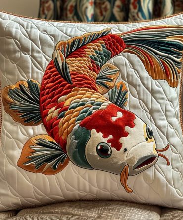 Golden Koi Quilted Pillow Cover — Premium Gold Koi Embroidery, Quilted Decorative Case For Sophisticated Home Accents & Gift Ideas