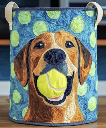 Golden Labrador Happy Ball Quilted Laundry Hamper — Playful Dog Print Foldable Basket With Padded Walls And Carry Handles For Pet Homes