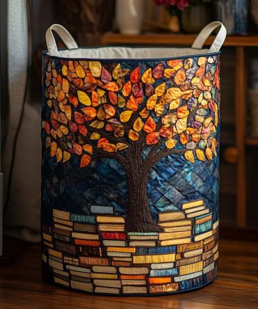 Golden Leaves Library Tree Quilted Hamper — Elegant Foldable Laundry Basket, Large Durable Fabric Storage Bin With Handles