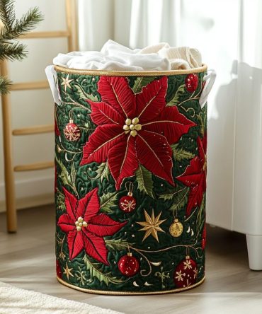 Golden Leaves Quilted Laundry Hamper — Luxe Autumn Leaf Fabric Basket With Handles, Foldable Decorative Storage For Clothes & Towels