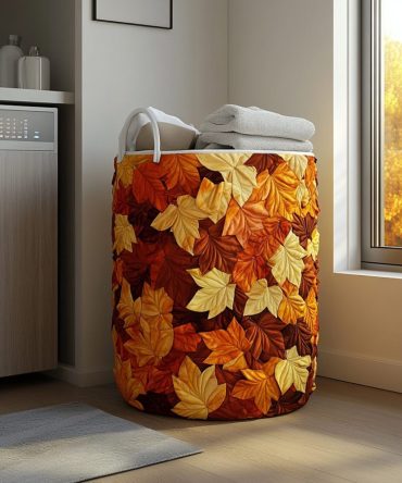 Golden Leaves Quilted Laundry Hamper — Elegant Fall Laundry Basket With Quilted Leaf Design For Home & Seasonal Decor