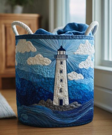 Golden Lighthouse Quilted Laundry Hamper — Coastal Collapsible Fabric Basket For Beach House, Bathroom & Chic Home Organization