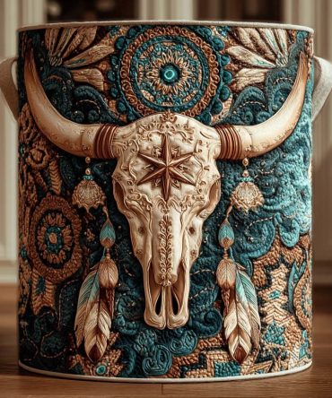 Golden Longhorn Quilted Laundry Hamper - Rustic Collapsible Fabric Storage Basket With Handles For Farmhouse & Modern Decor