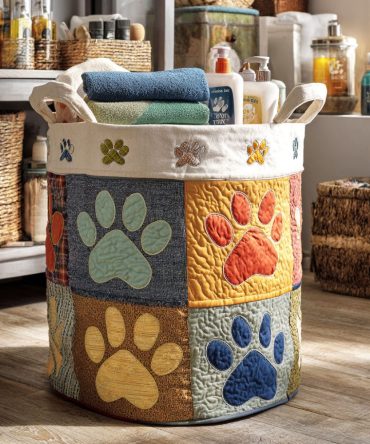 Golden Meadow Paws Quilted Laundry Hamper — Pet-Lover Paw Print Foldable Washable Laundry Basket For Pets, Laundry & Home Storage
