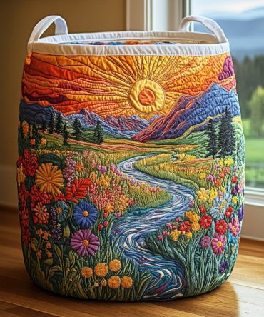 Golden Meadow Quilted Laundry Hamper – Sunny Floral Foldable Clothes Basket With Padded Sides, Easy-Carry Handles & Stylish Home Storage