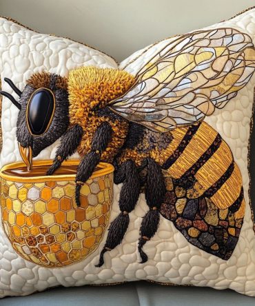 Golden Nectar Quilted Pillow Cover - Luxurious Bee & Floral Quilted Pillowcase For Cozy, Elegant Home Accents