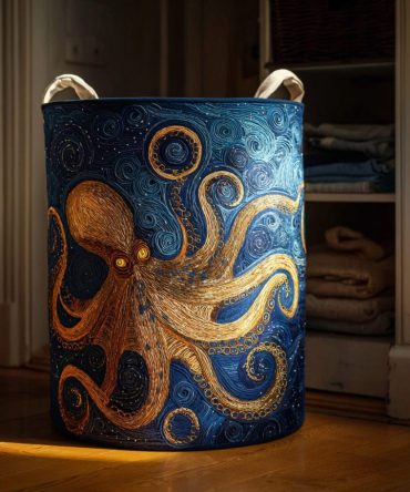Golden Octopus Quilted Laundry Hamper — Nautical-Inspired Quilted Fabric Basket With Handles, Collapsible & Machine-Washable For Chic Storage