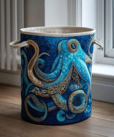Golden Octopus Quilted Laundry Hamper — Nautical-Inspired Collapsible Fabric Basket With Handles, Durable & Stylish