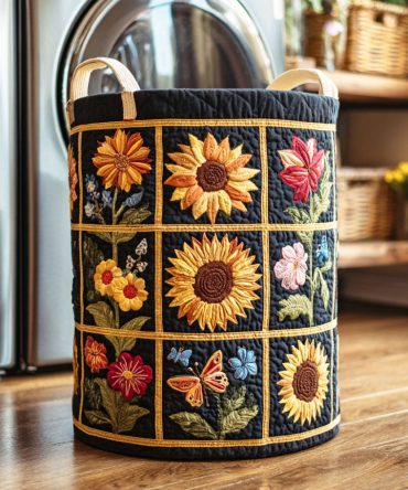 Golden Patch Sunflower Quilted Laundry Hamper — Bright Sunflower Print Fabric Basket, Collapsible With Reinforced Base & Handles