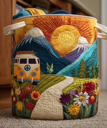 Golden Path Quilted Laundry Hamper — Warm Gold Patchwork Foldable Laundry Basket With Carry Handles , Stylish Bedroom & Bathroom Organizer