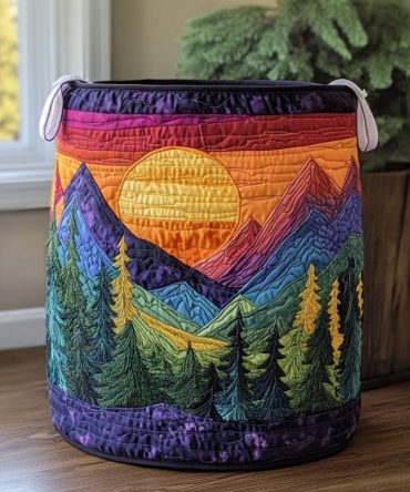 Golden Peaks Quilted Laundry Hamper – Scenic Mountain Design Foldable Clothes Basket With Reinforced Handles, Spacious & Stylish Home Storage