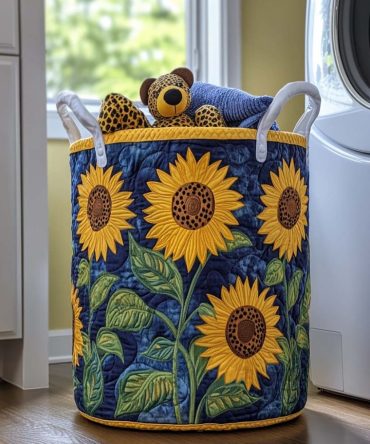 Golden Petals Quilted Laundry Hamper — Elegant Floral Foldable Cotton Basket With Carry Handles, Large Capacity & Washable