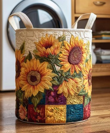 Golden Petals Quilted Fabric Laundry Hamper , Large Collapsible Floral Storage Basket For Home, Reinforced Handles & Decorative Charm