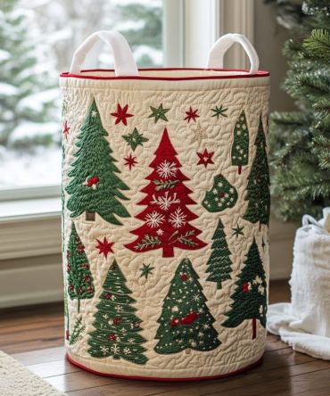 Golden Pines Quilted Laundry Hamper – Large Collapsible Basket With Sturdy Handles, Elegant Forest Print For Cozy Home Storage