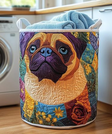 Golden Pug Quilted Fabric Hamper - Charming Pug Pattern Collapsible Laundry Basket For Home, Kids & Pet Rooms, Portable With Handles