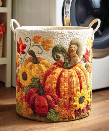 Golden Pumpkin Quilted Laundry Hamper — Luxe Metallic Pumpkin Fabric Basket, Collapsible Fall Laundry Storage With Elegant Detail
