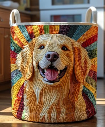 Golden Retriever Quilted Laundry Hamper - Joyful Dog Print Fabric Basket, Large Foldable Hamper With Reinforced Handles For Family Homes