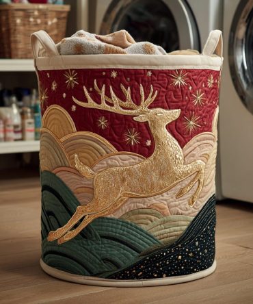 Elegant Golden Reindeer Quilted Laundry Hamper — Luxury Holiday Storage Basket, Foldable Decorative Hamper With Durable Handles & Liner