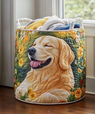Golden Retriever Bloom Quilted Laundry Hamper — Puppy Floral Fabric Laundry Basket, Spacious Foldable Hamper For Pet Lovers