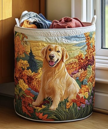 Golden Retriever Joy Quilted Laundry Hamper — Dog-Themed Fabric Laundry Basket, Fun Collapsible Organizer For Pet Homes
