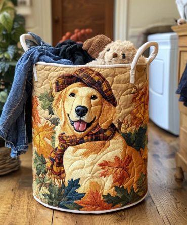 Golden Retriever Joy Quilted Laundry Hamper - Dog Lover Quilted Basket, Collapsible Durable Hamper For Home & Nursery Use